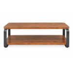Modern solid teak coffee table with dark metal legs and lower shelf