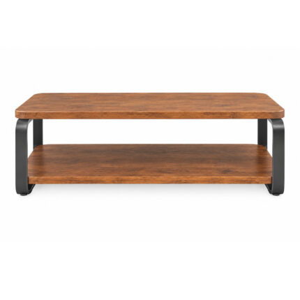 Modern solid teak coffee table with dark metal legs and lower shelf