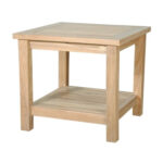 Teak patio accent table with lower shelf three quarter view