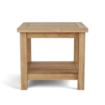 Solid teak outdoor side table with lower shelf front view