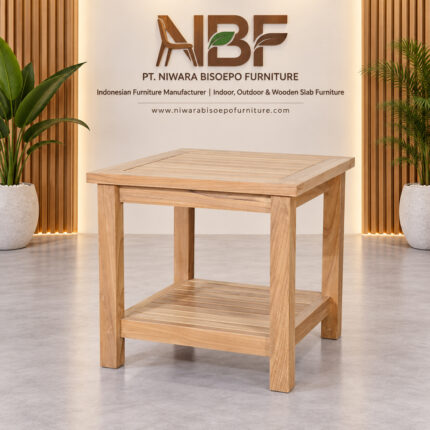 Handcrafted teak patio accent table with lower shelf from Jepara Indonesia