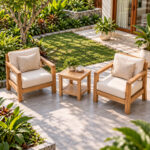 Teak outdoor side table with lower shelf in patio garden setting