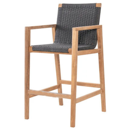 Solid teak rope woven outdoor bar chairs in garden setting
