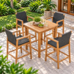 Teak woven outdoor bar chair with rope seat and backrest