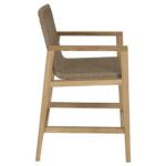 Teak outdoor bar chair side view with woven rope backrest