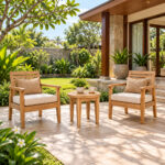 Solid teak round slatted side table with outdoor lounge chairs