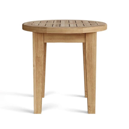Teak round slatted outdoor side table front view