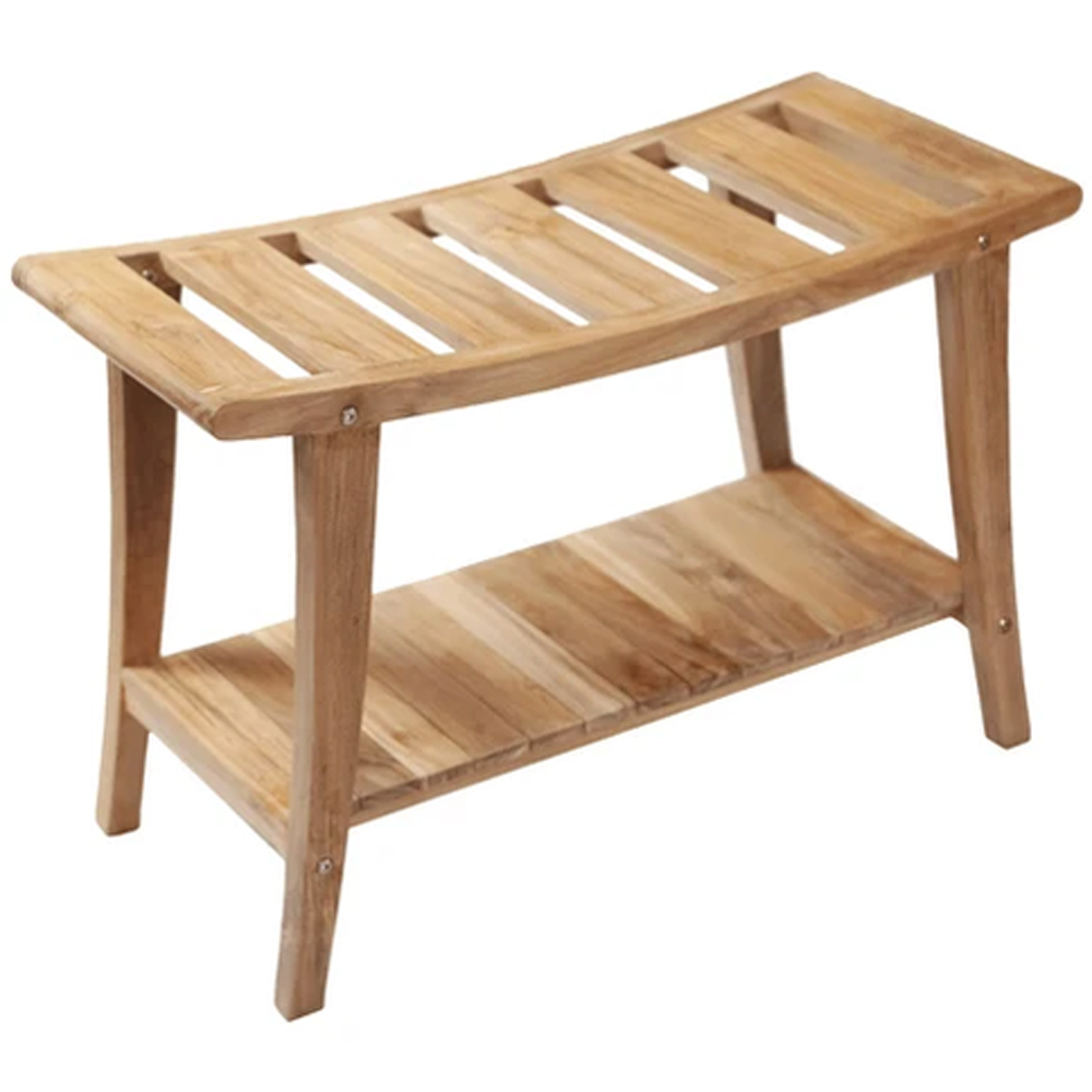 Teak Spa Bench with Lower Shelf 45 Degree View Premium solid teak spa bench with curved slatted seat