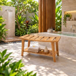 Solid teak spa bench with lower shelf in resort outdoor setting