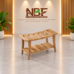 Solid teak spa bench with curved slatted seat and lower shelf