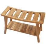 Teak spa bench with curved slatted seat and lower storage shelf