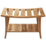 Teak curved slatted bench with lower shelf front view