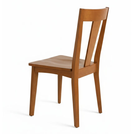 Side view of teak wood dining chair with T-backrest and tapered legs