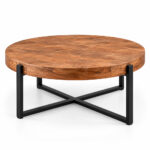 Front view of Teakora Cross Round Coffee Table showing its round wooden top and black base