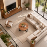 Angled view of Teakora Cross Round Coffee Table highlighting its wood grain and geometric base