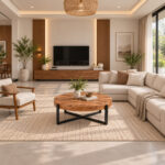 Round Suar wood coffee table with black cross base in a contemporary living room
