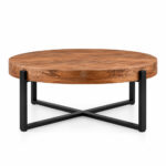 Teakora Cross Round Coffee Table with Suar wood top and black metal cross base