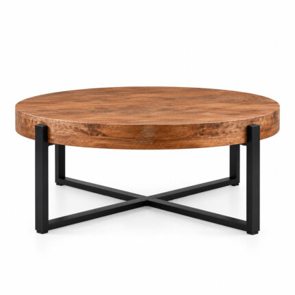 Teakora Cross Round Coffee Table with Suar wood top and black metal cross base