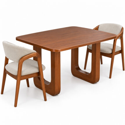 Modern teak dining table with sculptural U-shaped legs and four matching upholstered chairs