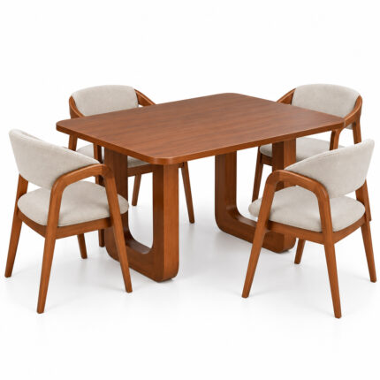 Teakora solid teak dining set with four upholstered chairs on a white background