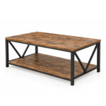 Teakora X-Frame Coffee Table with brown wood top and black metal frame