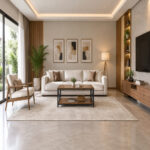Industrial-style Teakora coffee table with lower shelf in a contemporary living room