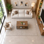 Top view of Teakora X-Frame Coffee Table in a modern living room