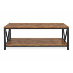 Front view of Teakora X-Frame Coffee Table showing its lower shelf and black frame