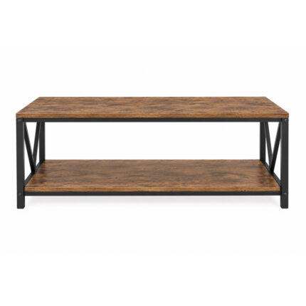 Front view of Teakora X-Frame Coffee Table showing its lower shelf and black frame