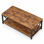 Elevated view of the Teakora coffee table showing its brown tabletop and lower shelf