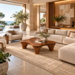 Sculptural teak coffee table in a contemporary luxury living room