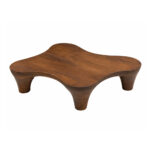 Three-quarter front view of the Terra Form teak coffee table with three sculptural legs