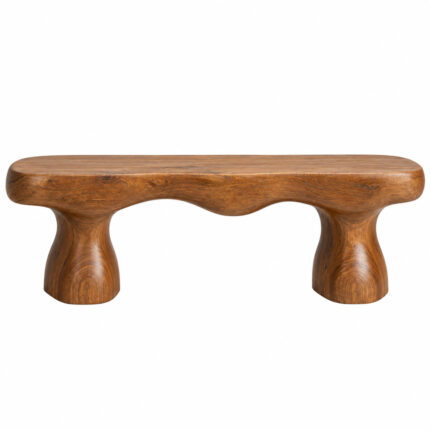 Terra live-form suar wood bench with an organic seat and two sculptural pedestal legs on a white background