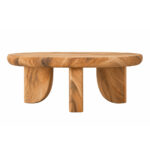 Side view of the Trivana solid Suar wood coffee table highlighting its rounded profile and sculptural base