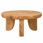 Front view of the Trivana round Suar wood coffee table with a thick rounded top and three sculptural wooden legs