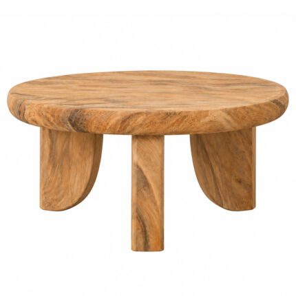 Front view of the Trivana round Suar wood coffee table with a thick rounded top and three sculptural wooden legs
