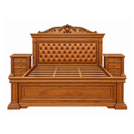 Ornate carved headboard and button tufted upholstered panel on Valdoria Imperial teak bed