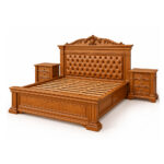Valdoria Imperial teak wood bed frame with ornate carved headboard and button tufted upholstery