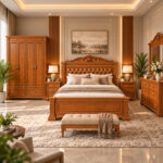Front view of Valdoria Imperial bed frame with carved headboard and paneled footboard