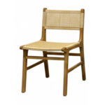 Natural teak wood chair with woven rattan seat and backrest on a white background