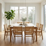Verona natural teak wood dining chair with woven rattan seat and backrest in a minimalist dining room