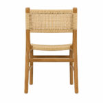 Back view of teak wood dining chair with woven rattan backrest and seat