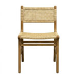 Front view of natural teak dining chair with woven rattan seat and open-weave backrest