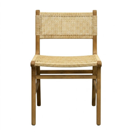 Front view of natural teak dining chair with woven rattan seat and open-weave backrest