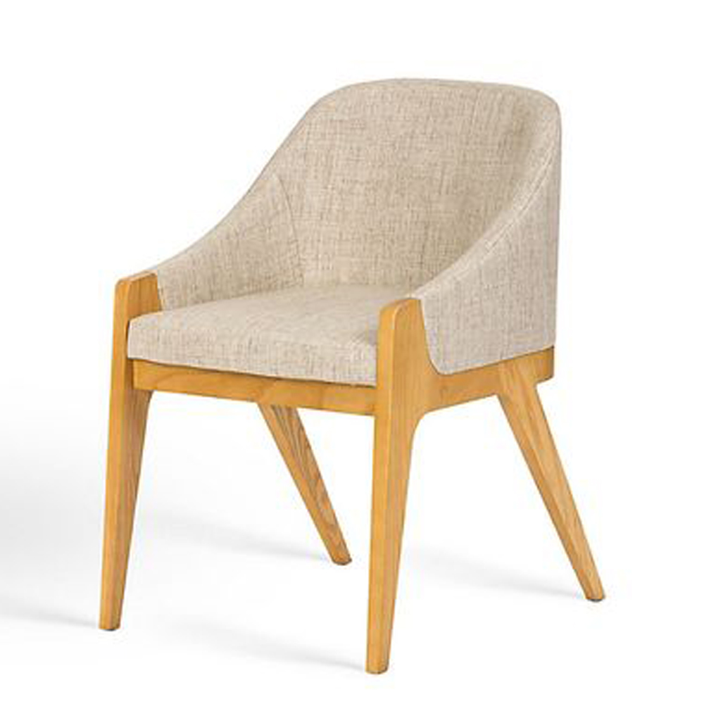 Viva Scandinavian Teak Dining Chair Side 45 Degrees View Viva Scandinavian solid teak wood dining chair with beige upholstered seat and curved backrest