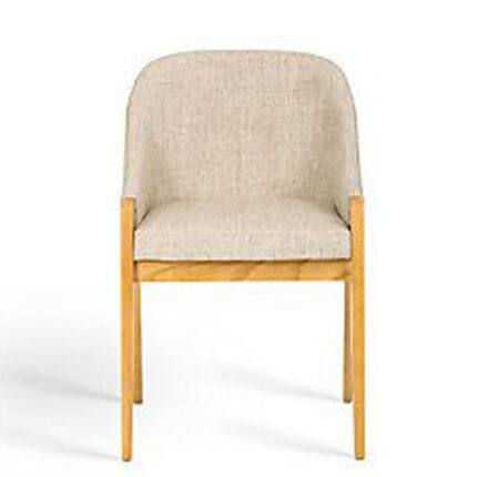 Front view of a Viva solid teak dining armchair with cushioned seat and upholstered curved backrest