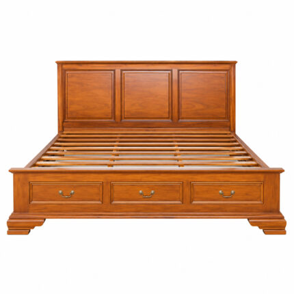 Windsor classic teak bed with three storage drawers in a traditional bedroom