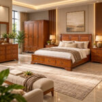 Top view of Windsor classic teak bed frame showing wooden slats and three footboard drawers
