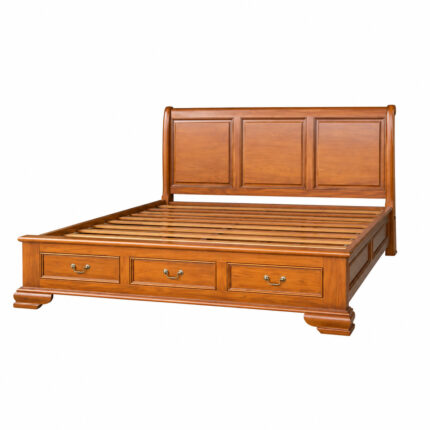Windsor teak wood bed with three footboard drawers styled in a warm classic bedroom