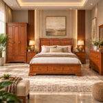 Windsor teak bed with decorative paneled headboard and three integrated footboard drawers